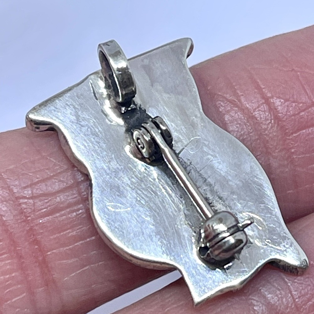 Zuni Horned Owl Pendant Pin Sterling Turquoise Inlay Brooch Native Signed Bird - Picture 4 of 5
